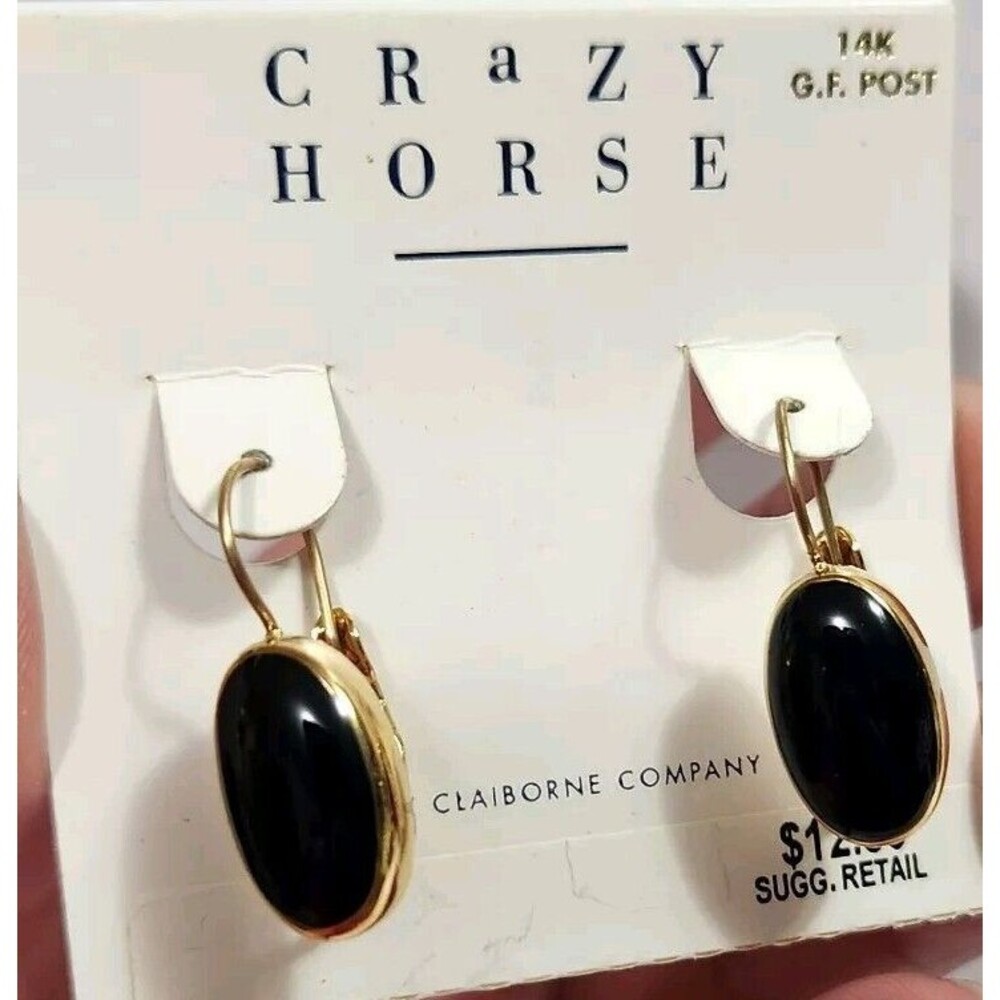 Liz Claiborne Crazy Horse Pierced Earrings Gold Tone, Black Dangle 14K GF NEW